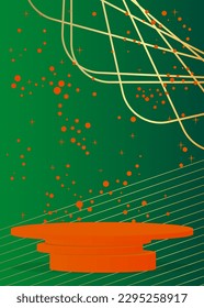 Abstract orange, green and gold stage showcase for presentation. Mockup product cylinder pedestal podium display. Vector minimal geometric forms, empty scene.