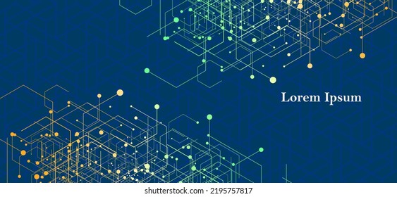 abstract orange green hexagon, network image, geometric navy background, scientific technology, futuristic concept