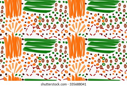 Abstract orange and green strokes with circles.Hand drawn with paint brush seamless background.Modern hipster style design.