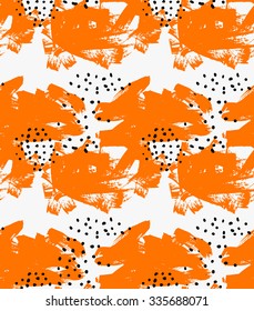 Abstract orange grunge and black dots.Hand drawn with paint brush seamless background.Modern hipster style design.