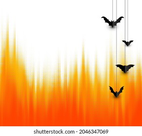Abstract orange halftone background with black hanging paper bats. Vector illustration.