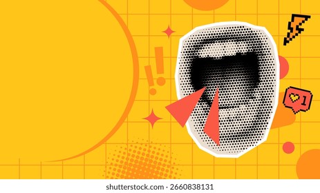 Plano de fundo de vetor de meio-tom laranja abstrato com padrão de pontos. Conceito de colagem na moda para design gráfico moderno.