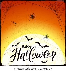 Abstract orange Halloween background with Moon, black spiders, cobwebs and flying bats. Lettering Happy Halloween with grunge decoration, illustration.