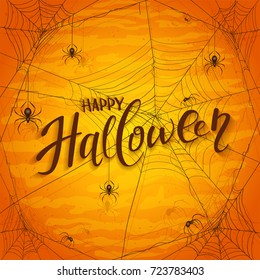 Abstract orange Halloween background with spiders and black cobwebs. Lettering Happy Halloween with grunge decoration, illustration.