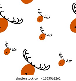 Abstract orange image of deer's muzzles with black horns over white. Festive seamless pattern or texture. Christmas and new year theme. Party prints. Simple minimalism.