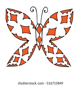 Abstract orange isolated butterfly for tattoo, coloring book for adult and kids on the white background.