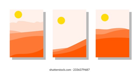 Abstract orange landscape poster collection. Mountain nature scenery background. Vector illustration