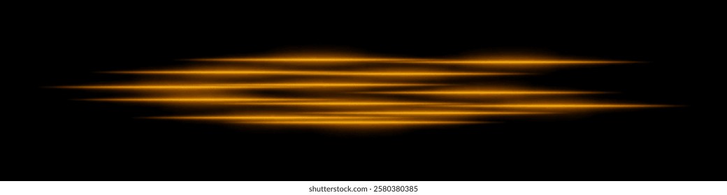 Abstract orange light streaks background. Glowing horizontal lines with motion blur effect on a dark backdrop. Futuristic speed, energy flow, laser beams, and technology concept.