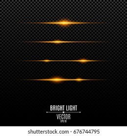 Abstract Orange Lights On A Transparent Background. Bright Flashes And Glare Of Gold Color. The Effect Of The Camera. Bright Rays Of Light. Glowing Lines. Vector Illustration