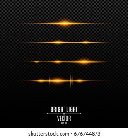 Abstract Orange Lights On A Transparent Background. Flashes And Glare Of Gold Color. The Effect Of The Camera. Bright Rays Of Light. Light Vibration From Sound. Glowing Lines. Vector Illustration