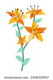 Abstract orange lily branch in flat design. Blooming flowers with leaves. Vector illustration isolated.