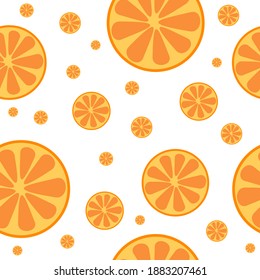 Abstract orange or mandarin slices in seamless pattern on white. Simple and flat hand drawn design. Suits for wrapping, packaging, boxing. Great as background, banner or fabric. Vitamin C attack.