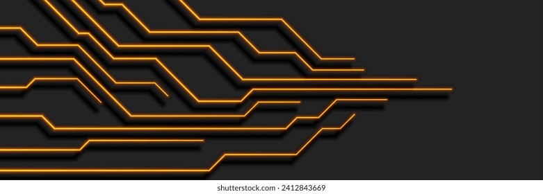 Abstrakter orangefarbener neonaler Hintergrund mit Leiterplattenlinien. Futuristische Computerchip-Vektorbanner-Design