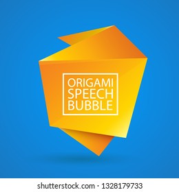Abstract orange origami speech bubble or banner isolated on blue background.  Ribbon banner, scroll, price tag, sticker, badge, poster. Vector illustration 