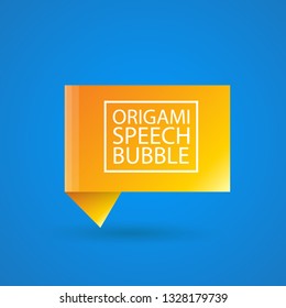 Abstract orange origami speech bubble or banner isolated on blue background.  Ribbon banner, scroll, price tag, sticker, badge, poster. Vector illustration 