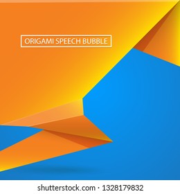 Abstract orange origami speech bubble or banner isolated on blue background.  Ribbon banner, scroll, price tag, sticker, badge, poster. Vector illustration 