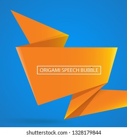 Abstract orange origami speech bubble or banner isolated on blue background.  Ribbon banner, scroll, price tag, sticker, badge, poster. Vector illustration 