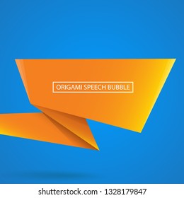 Abstract orange origami speech bubble or banner isolated on blue background.  Ribbon banner, scroll, price tag, sticker, badge, poster. Vector illustration 