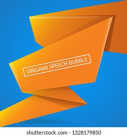 Abstract orange origami speech bubble or banner isolated on blue background.  Ribbon banner, scroll, price tag, sticker, badge, poster. Vector illustration 