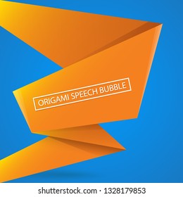 Abstract orange origami speech bubble or banner isolated on blue background.  Ribbon banner, scroll, price tag, sticker, badge, poster. Vector illustration 