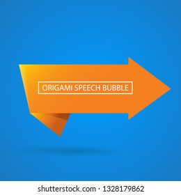 Abstract orange origami speech bubble or banner isolated on blue background.  Ribbon banner, scroll, price tag, sticker, badge, poster. Vector illustration 