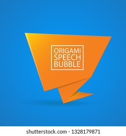 Abstract orange origami speech bubble or banner isolated on blue background.  Ribbon banner, scroll, price tag, sticker, badge, poster. Vector illustration 