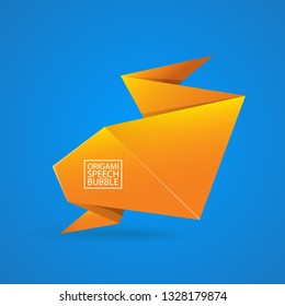 Abstract orange origami speech bubble or banner isolated on blue background.  Ribbon banner, scroll, price tag, sticker, badge, poster. Vector illustration 
