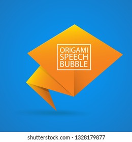 Abstract orange origami speech bubble or banner isolated on blue background.  Ribbon banner, scroll, price tag, sticker, badge, poster. Vector illustration 