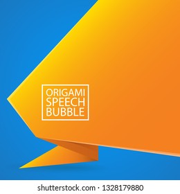 Abstract orange origami speech bubble or banner isolated on blue background.  Ribbon banner, scroll, price tag, sticker, badge, poster. Vector illustration 