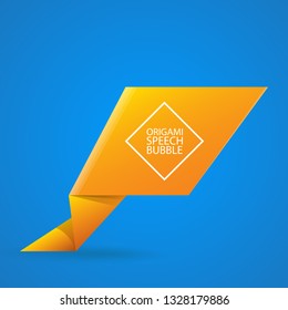 Abstract orange origami speech bubble or banner isolated on blue background.  Ribbon banner, scroll, price tag, sticker, badge, poster. Vector illustration 