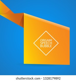 Abstract orange origami speech bubble or banner isolated on blue background.  Ribbon banner, scroll, price tag, sticker, badge, poster. Vector illustration 