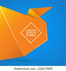 Abstract orange origami speech bubble or banner isolated on blue background.  Ribbon banner, scroll, price tag, sticker, badge, poster. Vector illustration 