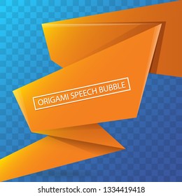 Abstract orange origami speech bubble or banner isolated on transparent background. Ribbon banner, scroll, price tag, sticker, badge, poster. Vector illustration 