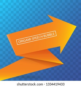 Abstract orange origami speech bubble or banner isolated on transparent background. Ribbon banner, scroll, price tag, sticker, badge, poster. Vector illustration 