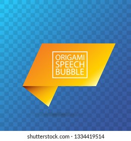Abstract orange origami speech bubble or banner isolated on transparent background. Ribbon banner, scroll, price tag, sticker, badge, poster. Vector illustration 