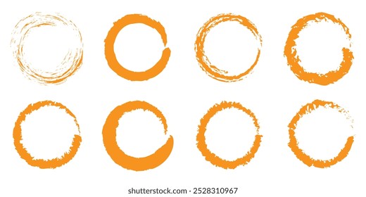 Abstract orange paint brushstroke circles pack. Orange color grunge circle stroke. Set of 8