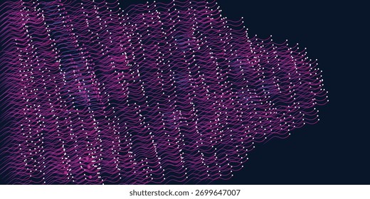 Abstract orange particles of optical fiber illustrationlines with dots over dark background. connecting or big data concept