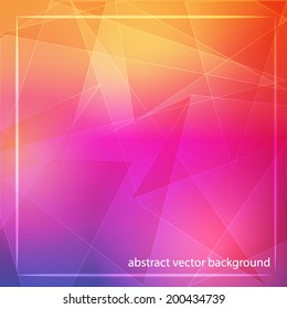 abstract orange pink background with shining white lines, triangles and frame, vector