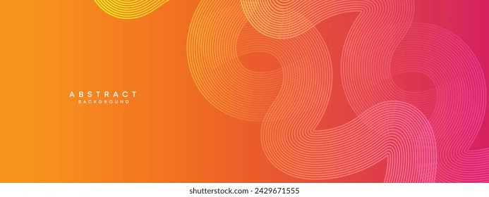 Resumen naranja, degradado rosa ondeando círculos líneas Tecnología fondo de banner web. Degradado amarillo moderno, púrpura con líneas brillantes y forma diagonal geométrica brillante para folleto, cubierta, cabecera