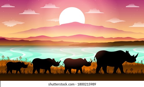 Abstrakter orangefarbener und rosafarbener Hintergrund mit Sternensee und Rhinoceros Vektordesign-Stillandschaft