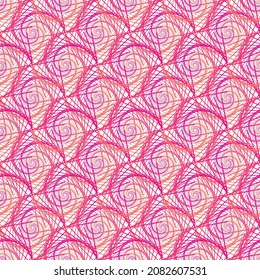 Abstract orange and pink swirl lines spiral spirograph shapes waves seamless ethnic pattern on the white background. Vector illustration. Wrapping paper.