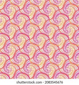 Abstract orange and pink swirl lines spiral spirograph shapes waves seamless ethnic pattern on the white background. Vector illustration. Wrapping paper.