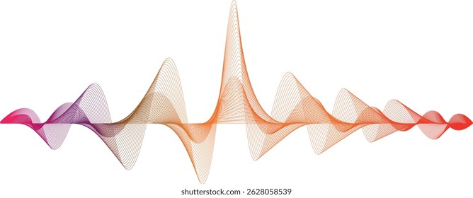 Abstract orange pink wireframe sound waves, visualization of equalizer frequency signals audio wavelengths, conceptual futuristic technology waveform transparent background.