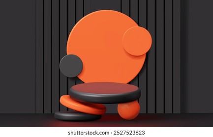 Abstractas podio naranja hecho de cilindros sobre un fondo negro. Puede ser utilizado para exhibir productos cosméticos, mercancías, y otras industrias. Vector 3D de fondo.