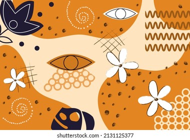 Abstract orange poster. Colorful template with geometric shapes, black flowers, eye, leaves and spots. Design element for backgrounds, postcards and fabric prints. Cartoon flat vector illustration