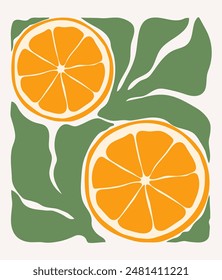 Póster naranja Abstractas. Diseño de frutas cítricas de moda para estampados de pared y otros propósitos. Retro naranjas groovy y hojas de Ilustración vectorial.