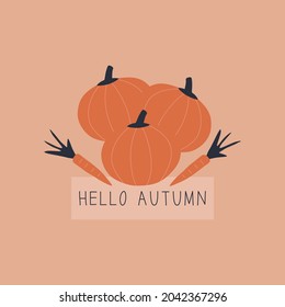 Abstract orange pumpkins and carrots. Seasonal vegetables harvest hand drawn vector illustration. Colorful Halloween background. "Hello autumn" greeting card. 