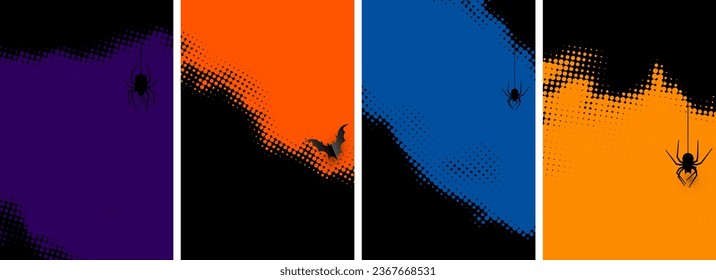 Abstract orange and purple halftone backgrounds with black frame and spiders. Vector illustration.