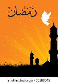 abstract orange rays background with mosque, white pigeon