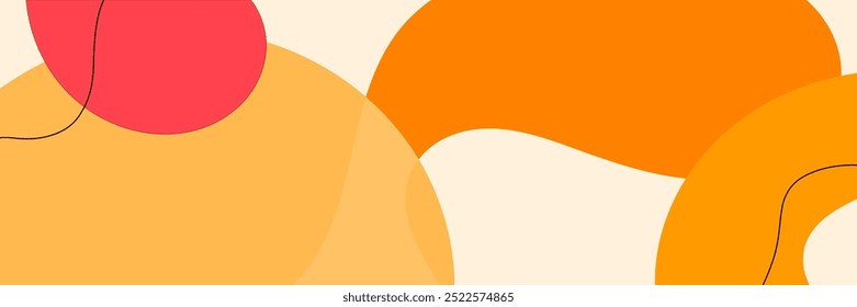 Abstract orange and red backgrond of doodle shapes, lines on pastel background with blank space in center for text. Minimalist wavy background.